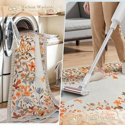 Wonnitar Floral Washable Area Rug 4x6 Halloween Rug, Non-Slip Soft Fall Rugs for Bedroom, Low Pile Botanical Nursery Rug Carpet for Bedside Kids Room Dorm Decor (Orange,4'x6')