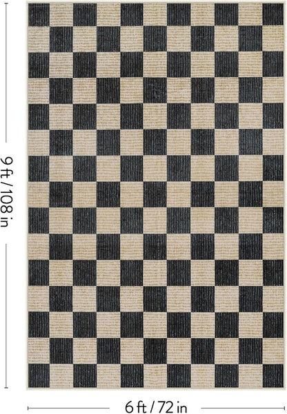 LIVEBOX Machine Washable Area Rug 6x9 Checkered, Non Slip Soft Large Bedroom Living Room Rug Farmhouse Neutral Classic Geometric Boys Rug, Indoor Carpet for Den Dorm Playroom(Black,6'x9')