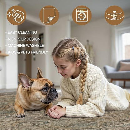 Bavni Washable Rug 6x9 Area Rug for Living Room Bedroom Dining, Washable Vintage Print Carpet, Ultra-Thin Chenille Low Pile Lightweight Rug with Non Slip Backing, Warm Taupe