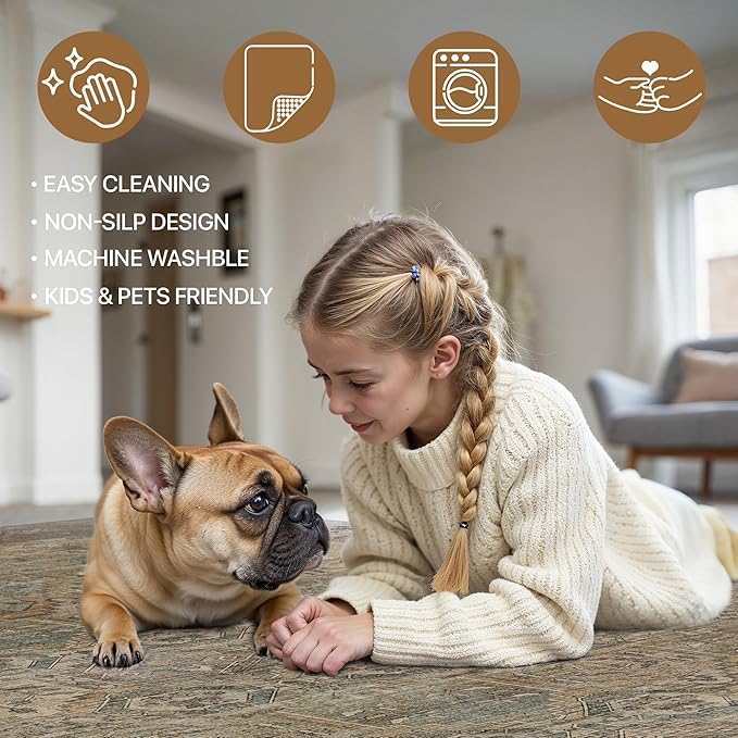 Bavni Kitchen Rug 2x6 Runner Rugs for Hallways Entryway, Washable Vintage Print Carpet, Ultra-Thin Chenille Low Pile Lightweight Rug with Non Slip Backing, Warm Taupe