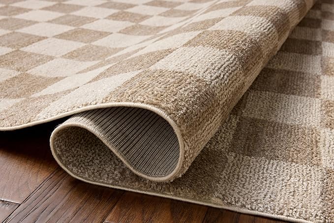 Loloi Chris Loves Julia Calvin Collection CLV-01 Pebble/Ivory 9'-6" x 12'-6" Area Rug Checkered Neutral Soft Living Room Bedroom Carpet