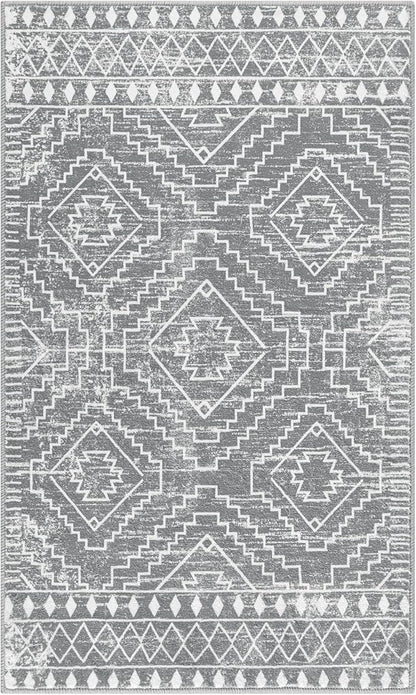 Wonnitar Moroccan Area Rugs 3x5, Gray Washable Entry Rug,Non-Slip Boho Small Bedroom Throw Mat, Non-Shedding Farmhouse Soft Low Pile Floor Carpet for Kitchen Bathroom Living Room (Silver Grey,3'x5')