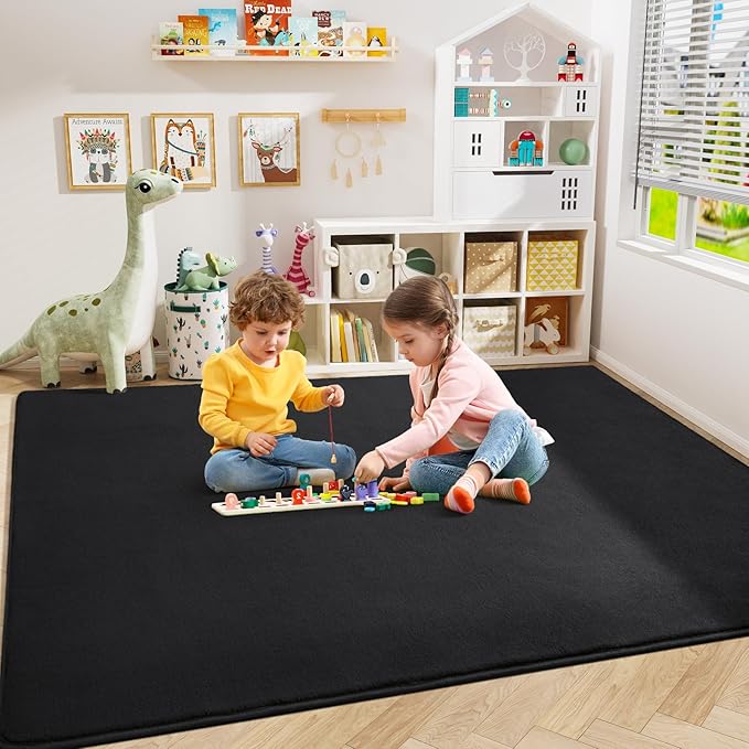 Amearea Large Modern Area Rugs for Bedroom Living Room, 5x8 Feet Black Thickened Memory Foam Rug, Fluffy Indoor Washable Rugs Non Slip Minimalist Carpet for Boys Girls Dorm Nursery Room Decor