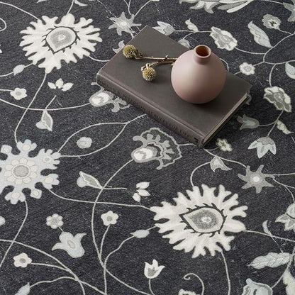 EVERGRACE Area Rugs for Entryway 2x3, Boho Floral Faux Wool Indoor Outdoor Small Rugs, Washable Rugs for Bedroom Bathroom Laundry Doormat, Low Pile Floor Mat Carpet for Home Decor, Ebony Black