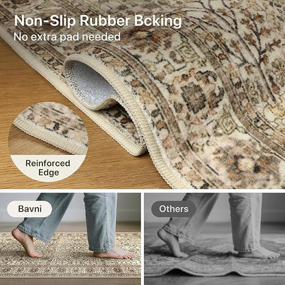 Bavni Washable Rugs 8x10-Machine Washable Rug Lightweight Low Pile, Vintage Floral Rug Non-Shedding Distressed Throw Carpet for Living Room Bedroom Office, Dark Espresso