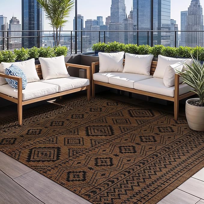 Beverly Rug Waikiki Boho Indoor Outdoor Rug 8x10, Washable Outside Carpet for Patio, Deck, Porch, Bohemian Area Rug, Farmhouse Rugs, Aztec Tribal Rug, Nut Brown and Black