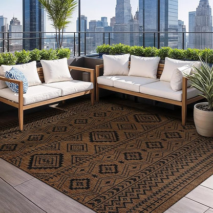Beverly Rug Waikiki Boho Indoor Outdoor Rug 6x9, Washable Outside Carpet for Patio, Deck, Porch, Bohemian Area Rug, Farmhouse Rugs, Aztec Tribal Rug, Nut Brown and Black