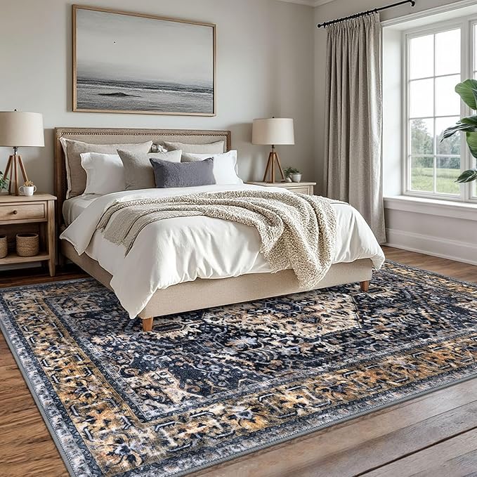 KOZYFLY Boho Area Rug 8x10 Ft Thin Rugs for Living Room Washable Bedroom Rug Non Slip Rugs for Living Room Gold Navy Printed Faux Wool Vintage Bedroom Rug Floor Carpet for Dining Room