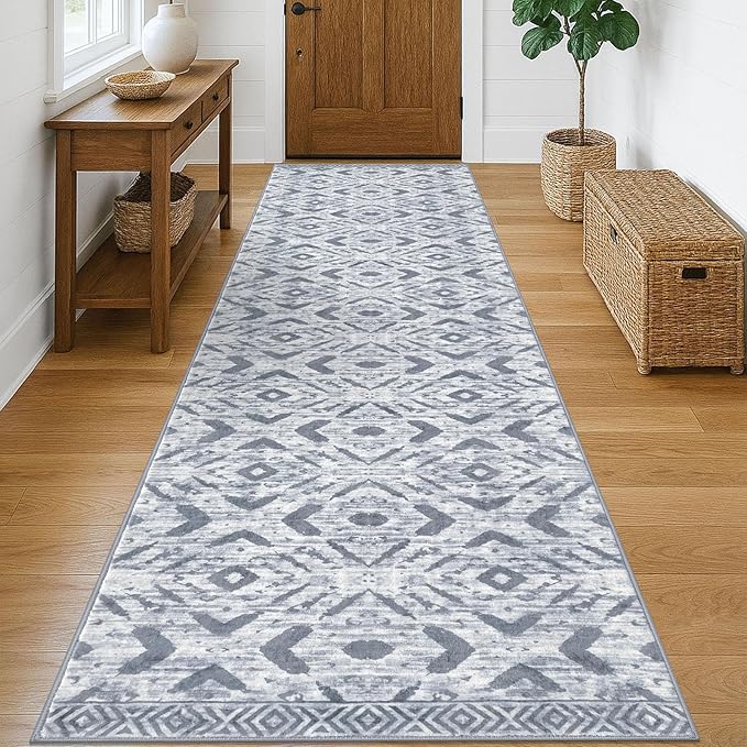 KILOCOCO Hallway Runner Rug 3'x10' Washable Printed Moroccan Runner Rug Non Slip Entryway Runners Soft Indoor Long Floor Rugs for Bedroom Kitchen Living Room Geometric Boho Carpet Runners, Grey White