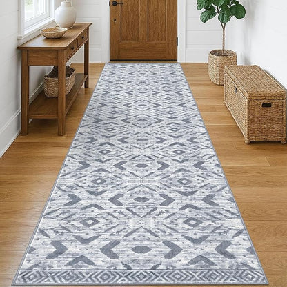 KILOCOCO Hallway Runner Rug 3'x10' Washable Printed Moroccan Runner Rug Non Slip Entryway Runners Soft Indoor Long Floor Rugs for Bedroom Kitchen Living Room Geometric Boho Carpet Runners, Grey White