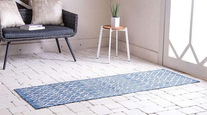 Unique Loom Outdoor Trellis Collection Area Rug - Tribal Trellis (2' x 6' 1" Runner, Blue/ Ivory)