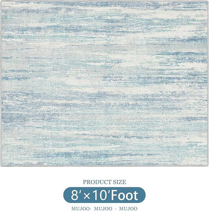 MUJOO 8x10 Area Rugs,Washable Rugs for Living Room Bedroom Dining Room,Modern Abstract Large Non Slip Carpet Indoor,Low Pile Throw Rug Accent Neutral Blue