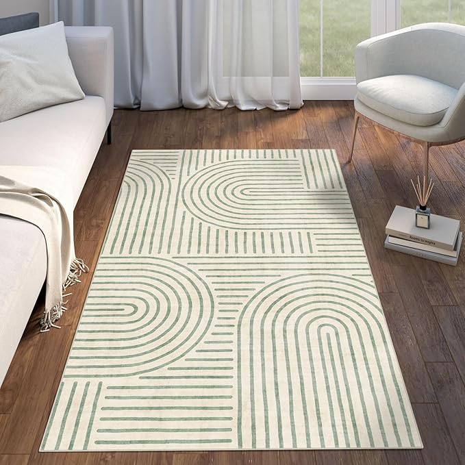 3x5 Washable Area Rug - Small Entryway Rug Non-Slip Sage Green Abstract Rainbow Kitchen Rugs Modern Boho Carpet Throw Rugs for Living Room Bedroom Bathroom Dorm Nursery Room Home Decor