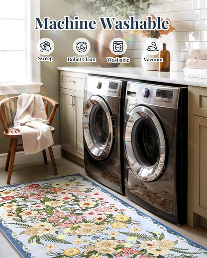 Floral Runner Rug 2x6 - Washable Vintage Kitchen Rug Low Pile Non-Slip Carpet for Entryway Hallway, Laundry, Bedroom - Soft, Stain Resistant Indoor Area Rug - Blue