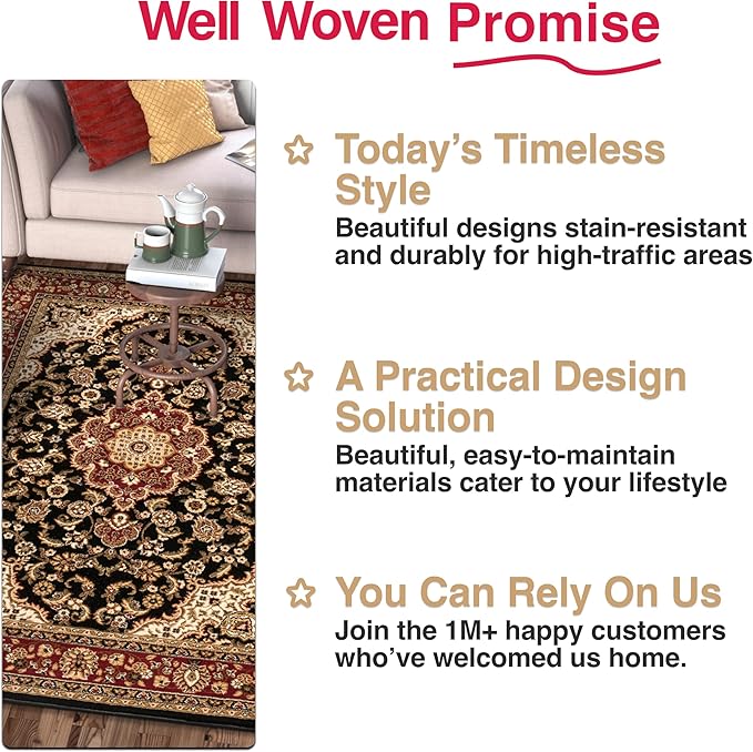 Well Woven Barclay Collection Medallion Kashan Black 5 ft Round Rug - for Living Room, Bedroom, and Dining Room