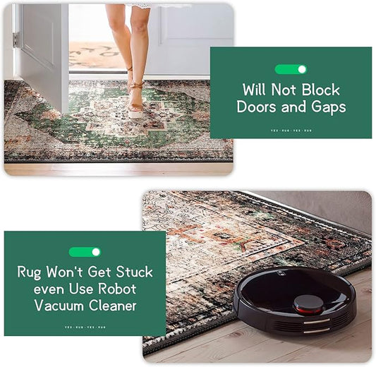 Area Rug 6x9 for Living Room Green Boho Rug Non-Slip Washable Vintage Low Pile Large Rug for Bedroom Dining Room