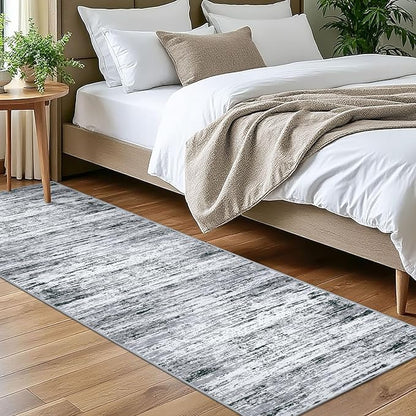Modern Abstract Bedroom Runner Rug 2x7, Black Grey White Washable Kitchen Runner, Non-Slip Soft Thin Faux Wool Mat for Entryway, Hallway, Laundry Room, Indoor Home Decor