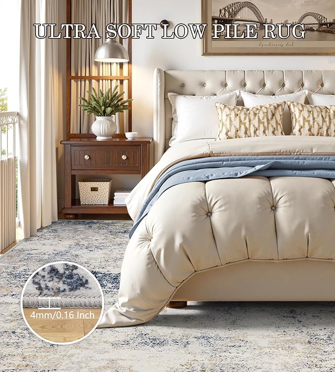 6x9 Washable Area Rugs - Modern Abstract Rugs for Living Room Non-Slip Low Pile Soft Machine Washable Carpet for Bedroom, Dining Room, Nursery, Home Office, Farmhouse (6'x9' Beige Blue)