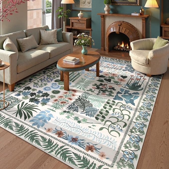 Floral Boho Washable Area Rug for Bedroom, Large Botanical Living Room Rugs 8x10, Non Slip Soft Indoor Throw Carpet for Home Office Nursery Dining Room Playroom (Beige,8 x 10)