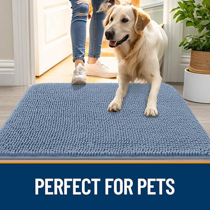 OLANLY Dog Door Mat for Muddy Paws 35x24, Absorbs Moisture and Dirt, Absorbent Non-Slip Washable Doormat, Quick Dry Chenille Mud Mat for Dogs, Entry Indoor Entryway Carpet for Inside Floor, Airy Blue
