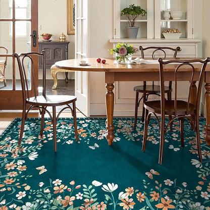 Wonnitar Washable 8x10 Area Rug, Non-Slip Teal Green Floral Rugs for Living Room, Low Pile Soft Bedroom Rug, Stain Resistant Floor Carpet for Dining Room(Teal Green,8'x10')