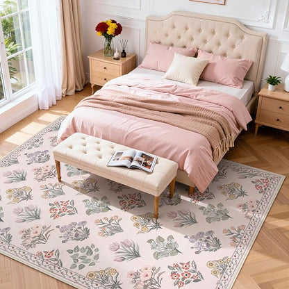 Wonnitar 8x10 Washable Rug, Pink Rugs for Girls Bedroom Decor, Boho Ultra-Thin Non Slip Soft Moroccan Floral Large Carpet for Living Room Baby Nursery Kids Playroom, Pale Pink