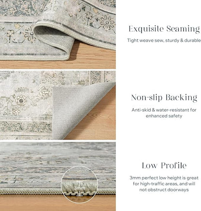 Phantoscope Washable Area Rug 9'x12' Non-Slip, Vintage Neutral Rugs for Living Room, Bedroom, Dining Room, Distressed Boho Medallion Pattern, Low-Pile Foldable Floor Carpet, Silver Grey/Taupe