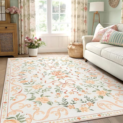Orange Rug Bow Floral Rug 3x5, Washable Boho Area Rugs Non Slip Low Pile Carpet for Girls Room Bedroom, Bedside, Kitchen, Entryway, Kids Room, Soft Ultra-Thin Indoor Elegant Rugs
