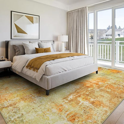 Washable Area Rugs for Living Room 9x12 - Large Neutral Modern Abstract Rug, Soft Low Pile Carpet with Non Slip Backing for Under Dining Room Table, Bedroom, Home, Office, Dorm - Yellow Brick