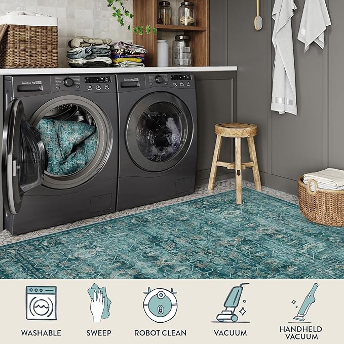 Lahome Vintage 9x12 Washable Blue Rugs for Living Room Bedroom, Boho Dining Room Rugs for Under Table, Soft Non Slip Indoor Throw Carpet for Home Office Playroom (9x12ft,Blue)