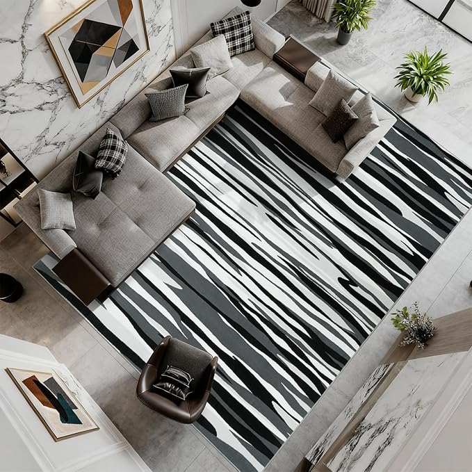 YIHOUSE 6×9 Ft Area Rugs for Living Room: Modern Abstract Black Grey and White Rug - Nonslip Washable Striped Rug for Bedroom Dining Room Office Playroom Nursery Home Decor