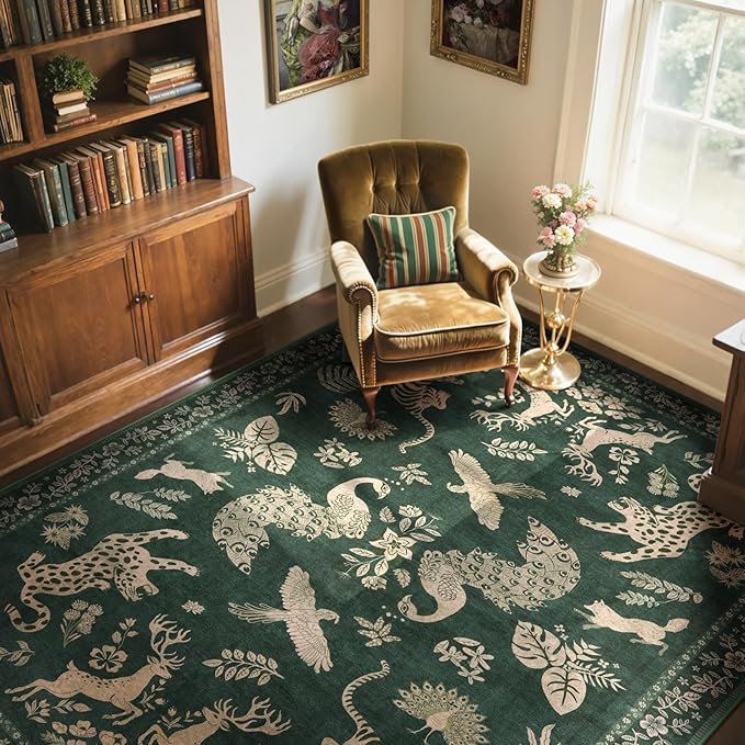 Moynesa Green 5x7 Living Room Rugs, Luxurious Vintage Boho Animal Washable Area Rug for Bedroom Dining Room Office Study, Low Pile Soft Non-Slip Easy Clean Retro Carpets for Indoor