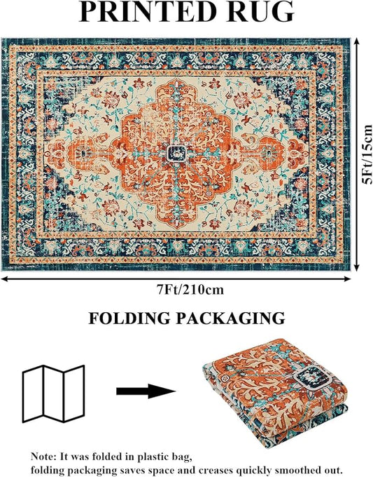 U'Artlines Boho Vintage Area Rug 5x7 Machine Washable Low Pile Soft Floor Carpet Non Slip Non Shedding Accent Rug for Living Room Bedroom Entryway Dining Room Office Orange/Multi