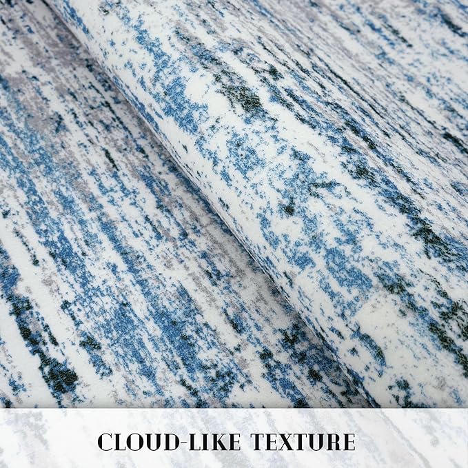 Modern Abstract Bedroom Runner Rug 2x7, Grey Blue White Washable Kitchen Runner, Non-Slip Soft Thin Faux Wool Mat for Entryway, Hallway, Laundry Room, Indoor Home Decor