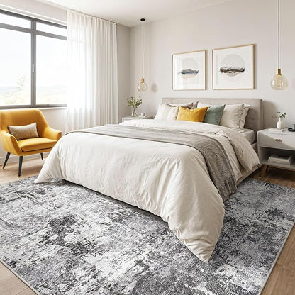 7x9 Area Rug Living Room: Machine Washable Large Abstract Modern Soft Rugs Stain Resistant Indoor Floor Non Slip Accent Carpet for Bedroom Nursery Playroom Office Dining Room Dorm Home- Black Grey