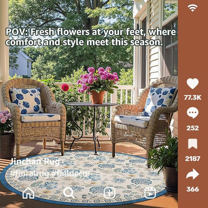 jinchan Elora 4ft Floral Round Rug for Entryway Washable Kitchen Rug Vintage Romance Design Non Slip Indoor Doormat Lightweight Low-Profile Throw Carpet for Living Room Dining Room Bedroom, Blue/Beige