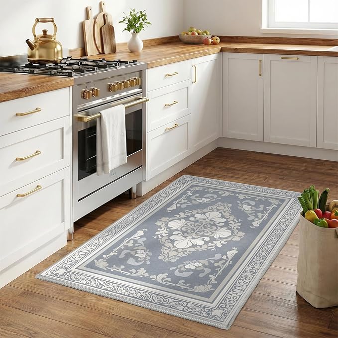 SOULFUL Medium Pile 3x5 Area Rug - Soft Foot Feel Small Entryway Rug - Greige Boho Floral - Washable Non-Slip - Perfect for Living Room Bedroom Foot Kids Room Reading Nook