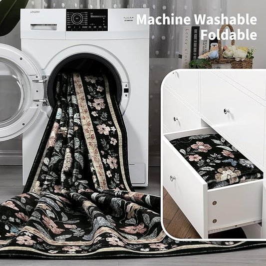 GarveeHome Floral Rug 4 x 6, Non-Shedding Indoor Foldable Printed Rug for Bedroom Kitchen, Non-Slip Soft Vintage Throw Low Pile Farmhouse Washable Carpet, Black