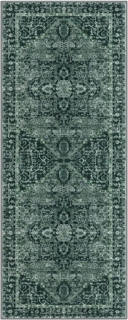 KOZYFLY Runners for Hallways 2x5 Ft Washable Kitchen Runner Rug Boho Runner Rug for Entryway Indoor Printed Oriental Faux Wool Floor Carpet Runner for Laundry Room Kitchen Hall, Dark Green