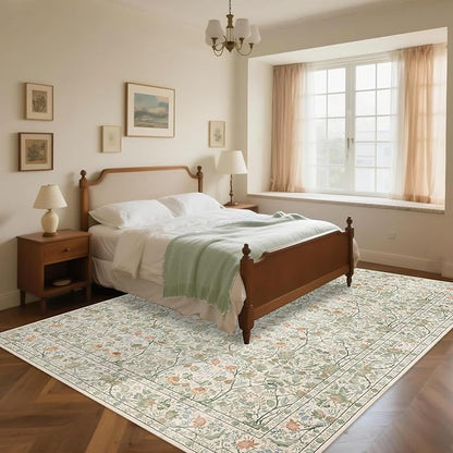 Washable Living Room Rug: 9x12 Boho Floral Soft Area Rug for Bedroom Decor - Vintage Low Pile Thin Carpet for Dining Room Non-Slip - Farmhouse Stain Resistant Rugs - Beige Green