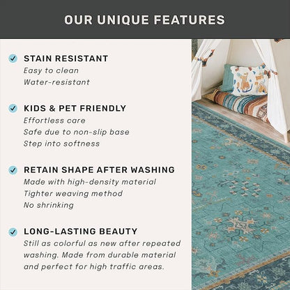 3x4 Teal Rugs for Entryway Indoor - Washable Non Skid Area Rug for Large Kitchen, Bedside, Bathroom, Mudroom, Boho Geometric Floral Design, Non Slip Low Pile Fade Resistant
