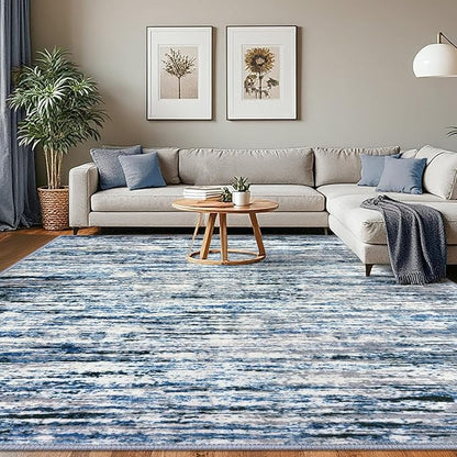 Modern Abstract 8x10 Large Machine Washable Living Room Rug Non-Slip Soft Bedroom Area Rug Grey Blue White Thin Print Faux Wool Carpet Throw Rugs for Nursery Playroom Dining Room Indoor