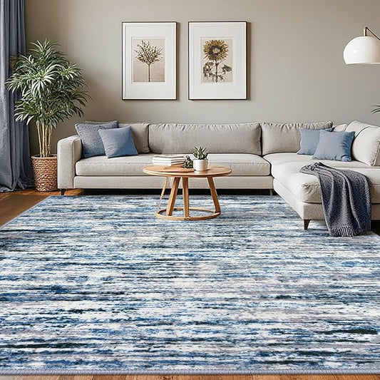 Modern Abstract 8x10 Large Machine Washable Living Room Rug Non-Slip Soft Bedroom Area Rug Grey Blue White Thin Print Faux Wool Carpet Throw Rugs for Nursery Playroom Dining Room Indoor
