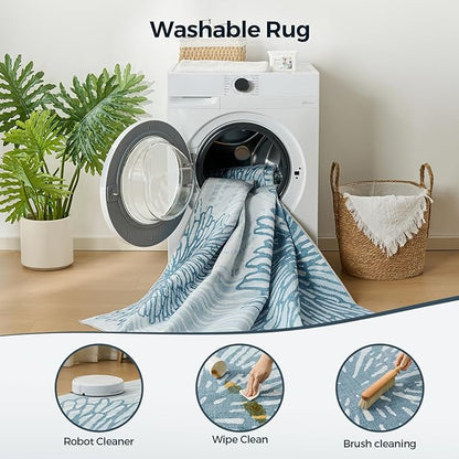 WITSHOCK 6x9 Washable Rug for Living Room,Modern Floral Distress Print Pattern Area Rugs,Stain Resistant with Non Slip Backing Carpet for Dining Room,Bedroom & Home Decor,Blue/Light Blue