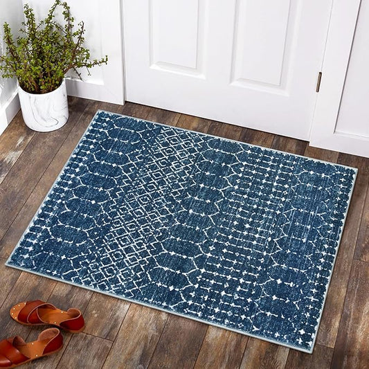 Lahome Moroccan Indoor Rugs for Entryway 2x3 Area Rug Non-Slip Backing Washable Inside Door Mats Low-Profile Throw Soft Rugs for Bathroom, Geometric Print Distressed Blue Rug for Kitchen Bedside