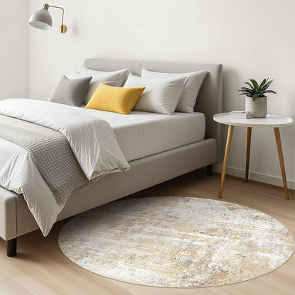 Round Rug Living Room Rugs: 4x4 Washable Circle Abstract Modern Soft Stain Resistant Non-Slip Indoor Floor Carpet for Bedroom Entryway Nursery Office Dorm Home House Decor- Gray Gold