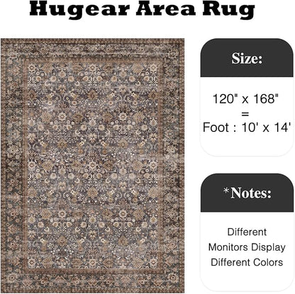 HUGEAR 10x14 Machine Washable Rugs Tradition Brown Hallway Large Area Rug Indoor Accent Rug Floral Low Pile Carpet Soft Throw Aesthetic Rug Bedroom Living Room Office Dining Room Kitchen Laundry Room