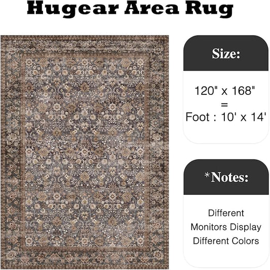 HUGEAR 10x14 Machine Washable Rugs Tradition Brown Hallway Large Area Rug Indoor Accent Rug Floral Low Pile Carpet Soft Throw Aesthetic Rug Bedroom Living Room Office Dining Room Kitchen Laundry Room