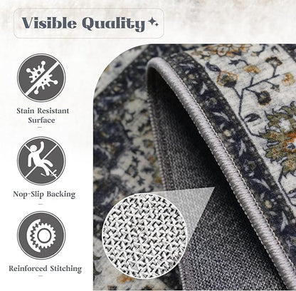 Area Rug 9x12 Washable Rug, Vintage Boho Medallion Rugs Non-Slip Soft Low Pile Large Distressed Rug Indoor Retro Carpet for Living Room Bedroom Dining Room Home Office (Vintage Black, 9'x12')
