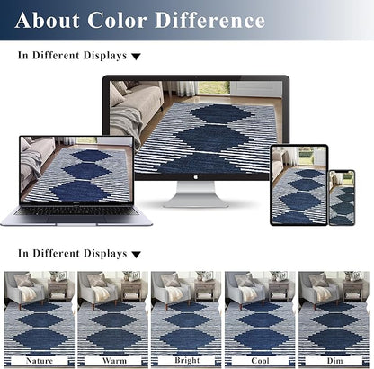 HelloTree Area Rug for Living Room 6x9 Washable Geometric Moroccan Rug Stripe Farmhouse Bohemian Minimalistic Non Slip Non Shedding Ultra Thin Soft Rug for Bedroom Office DiningRoom Nursery-Blue